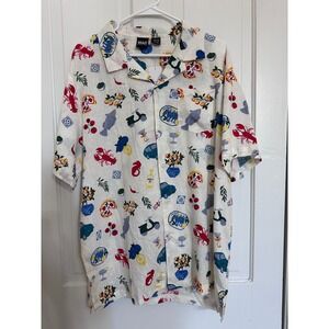 Mad Engine Mens XL Linen Blend Mediterranean Pizza Lobster Print Camp Shirt New